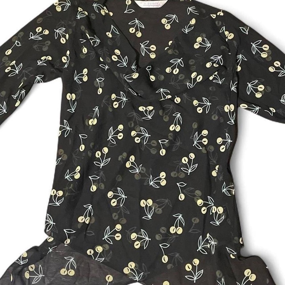 X-equisite see through Black yellow cherry print asymmetrical cowl neck tunic